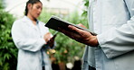 Greenhouse, hands and scientist with tablet for plant research, agriculture and crop inspection with tech. Nature, biologist and digital with lab coat, production check and growth sustainability