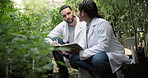 Greenhouse, communication and scientist with tablet for plant research, agriculture and cannabis inspection. Teamwork, biologist and clipboard with lab coat, production check or growth sustainability