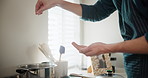 Hands, pot and person cooking with salt for food, wellness or nutrition for healthy dish in house kitchen. Spice recipe, breakfast or stove in home for lunch meal prep, vegan diet or protein vitamins