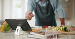 Hands, old man and kitchen with vegetables, tablet and cooking with online instruction, post with recipe and organic food. Closeup, pensioner and vegetarian with tech, digital app and ingredients