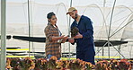 Woman, farmer and tablet of inspection in greenhouse for plant growth, checklist or development of agriculture progress. Smile, people and food production, quality control or information of harvest

