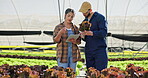 Talking, farmer and woman with tablet in greenhouse for plant inspection, growth or checklist for agriculture progress. People, texture and food production, quality control or information of harvest