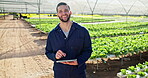 Face, farmer and man with tablet in greenhouse for research, check crops or plants information. Agriculture, garden or farm owner with digital for production inspection or sustainability in Australia