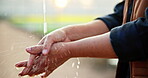 Sustainable, farming and person with washing hands by water for cleaning, safety and removal of dirt. Eco friendly, greenhouse and hygiene with liquid for gardening, bacteria and health in Spain