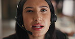 Woman, call center and consultant with headphones for customer service or support at office. Face of female person, employee or agent talking for communication, CRM or telemarketing at workplace