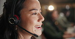 Woman, call center and agent with headphones at night for customer service or support at office. Female person, employee or consultant talking for communication, CRM or telemarketing at workplace