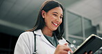 Doctor, tablet and laugh in hospital for healthcare, telehealth and medical news or result. Woman, technology and funny in workplace for health, wellness and research with meme, story and internet