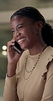 Phone call, business and black woman with conversation, funny and mobile user with connection. African person, employee or consultant with cellphone, network or communication with discussion or smile