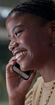 Phone call, business and black woman with smile, conversation and funny with connection. African person, employee and entrepreneur with smartphone, network and communication with joke and discussion