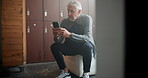 Gym, locker room and elderly man with phone for workout, communication and fitness progress. Training, network and male person with technology for exercise ideas, research and tracking of health app