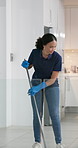 Sweeping, woman and cleaning for office, service and solution for hygiene, maintenance and broom. Person, employee and maid in workplace, neat and fresh with dust free space and spring cleaning