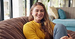 Girl, face and happy in home for relax on weekend break for wellness, mental health and stress relief for wellbeing or self care. Woman, portrait and bean bag for leisure or comfort, peace and rest.