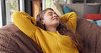 Girl, calm and happy in home for relax on weekend break for wellness, mental health and stress relief for wellbeing or self care. Woman, eyes closed and bean bag for sleep or comfort, peace and rest.