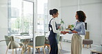 Business people, greeting and handshake in office together for teamwork, collaboration and partnership. Corporate woman, introduction and communication in workplace for deal, b2b and networking