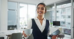 Happy woman, walking and office secretary with coffee at desk for morning, tasks or agenda at workplace. Young female person, employee or business receptionist with laptop or drink for work schedule