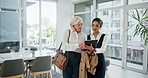 Business woman, team and walking with tablet at office for morning agenda, tasks or schedule. Female person, group or employees getting ready with technology, coffee or drink at workplace together