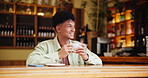 Drinking coffee, thinking and happy man in shop for relax, espresso and latte in restaurant cafe. Tea cup, customer and smile with beverage in cafeteria for decision, idea or dream of planning future