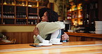 Couple, people and hug at cafe for coffee date or lunch with smile for love, support and care. Relationship, happy and embrace at restaurant with tea on lunch or break to relax, enjoy or conversation