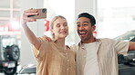 Selfie, couple and car to buy, smile and photography for social media, update and profile picture. Dealership, man and woman with phone, happy and vehicle for transport of content creator and people