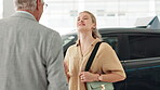 Key, customer and woman with salesperson, car and happiness for purchase with loan and thank you. Dealership, girl and salesman giving remote, smile and gen z with vehicle to travel or transport