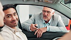 New car, purchase and couple with salesman keys in hand for transportation, test drive and insight or details. Conversation, senior man and customer discuss vehicle safety for hiring and buy