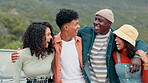 Happy, friends and outdoor on mountain for road trip or adventure, fun and journey for freedom of youth with bonding. People, gen z and hug together by car, vehicle and travel exploration on holiday.