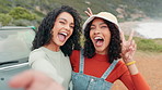 Selfie, girl and friends on mountain for road trip or adventure, peace sign and outdoor with photography for memory. People, gen z and happiness by motor car for travel exploration and holiday fun.