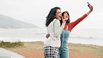 Selfie, girl and friends outdoor for road trip or adventure, peace sign and mountain with photography for memory. People, gen z and happiness by motor car for travel exploration and holiday fun.