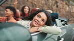 Happy woman, car and road trip with window on travel, adventure or exploring on summer holiday or vacation. Group of friends, transport and cheerful on journey, destination or tour as gen z in Italy