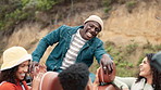 Funny, road trip and travel with friends in car together for adventure, bonding or conversation. Driving, journey and laughing with young people in convertible vehicle for summer holiday or vacation