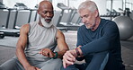 Gym, friends and mature men, watch and training for health, fitness and wellness of body with workout. Happiness, talking and practice on floor,  conversation and smile for people, relax and muscle