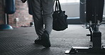 Legs, fitness and walking to gym with bag to start exercise, workout and muscle for wellness. Sport, shoes and person at health club with gear for training athlete ready for practice in back view