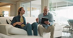 Tablet, home and senior man with tech teaching, help and support from grandchild on website. Social media, technology and app learning with grandfather asking advice on digital platform in lounge