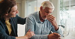 Sad, senior father and man on sofa for depression, comfort or support in living room. Family, mourning and elderly parent crying with grief for bad news, mental health or memory of wife in home
