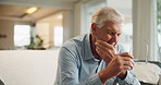 Senior, man and sad with support from son with comfort, conversation and crying with grief on sofa in home. Elderly, person and console for suffering, depression and empathy on couch in living room