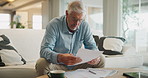 Home, sofa and senior man with documents for loan payment, mortgage debt and insurance plan. Elderly person, retirement and thinking with paperwork for healthcare bills, pension and financial invoice