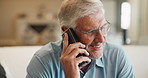 Phone call, talking and senior man on sofa for contact, online chatting and speaking in home. Happy, retirement and person on smartphone for communication, networking and connection in living room