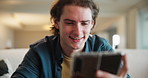 Man, phone and texting on sofa in home with smile, reading and click for notification in lounge. Person, smartphone and contact on mobile app for chat, relax and social media in living room at house