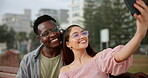 Couple, park bench and selfie outdoor with love for memory, content creation and personal blog for social media with affection. Man, woman and smile with photography for internet post or live stream.