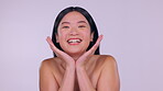 Face, skincare and beauty smile of Asian woman in studio isolated on a purple background. Portrait, makeup cosmetics and happy female model laughing with spa facial treatment for healthy skin glow.