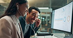 Happy, business people and night with earphones for music, audio or sound track at office. Young businessman and woman working late with smile for fun podcast, playlist or tunes together at workplace