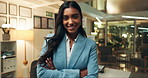 Happy woman, business and night with confidence for career profession, ambition or mindset at office. Portrait of young female person or employee with smile for fashion, style or pride at workplace