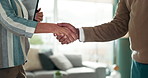 Business people, handshake and meeting with partnership for agreement, deal or opportunity at office. Employees or colleagues shaking hands for hiring, recruiting or greeting in teamwork at workplace