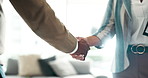 Business people, handshake and meeting with partnership for recruiting, agreement or deal at office. Employees or colleagues shaking hands for opportunity, hiring or greeting in teamwork at workplace