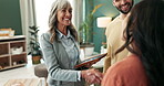 Couple, real estate and handshake with tablet in new home with smile for property and ownership. People, realtor and happy customer or client with agreement on deal for house sale or purchase