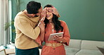 Couple, home and happy with covering eyes on tablet for buying or purchasing furniture. New house, relationship and people with smile or surprise with ownership or property and online shopping