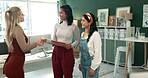 Handshake, meeting and welcome with business women in office together for deal or partnership. B2b, collaboration and thank you with employee team shaking hands in creative workplace for agreement