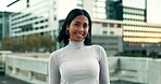 Smile, portrait and woman for fashion outdoor with trendy clothes, earring accessories and aesthetic shirt. Happy, female person and travel with urban designer outfit, beauty and city adventure
