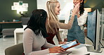 Women, high five and computer in office for web design success, collaboration and happy for website homepage. Female people, celebration and online in creative agency for planning and task management