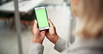 Hands, phone and green screen in office with person, reading and notification on ux for mockup. Employee, smartphone and blank space for communication on mobile app with chromakey at workplace